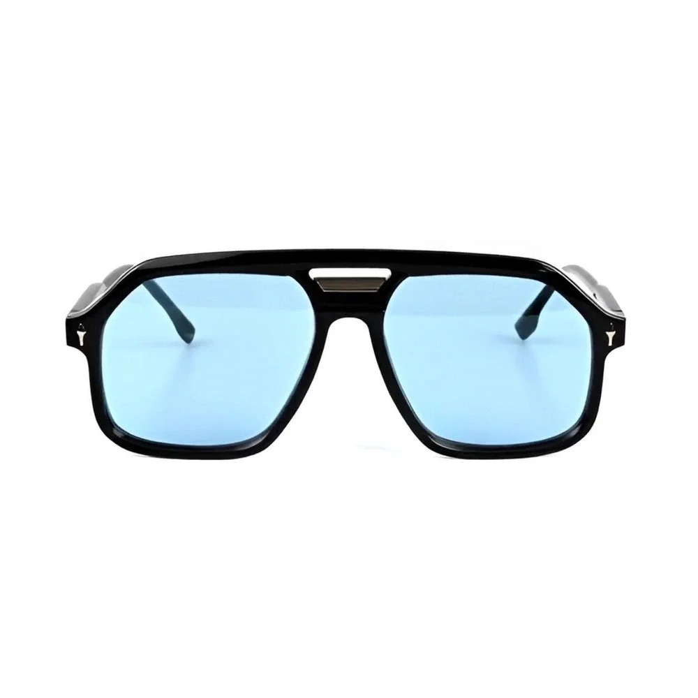Black Oversize Square Aviator Sunglasses Blue Tinted Lens Flat Top Double Bridge
